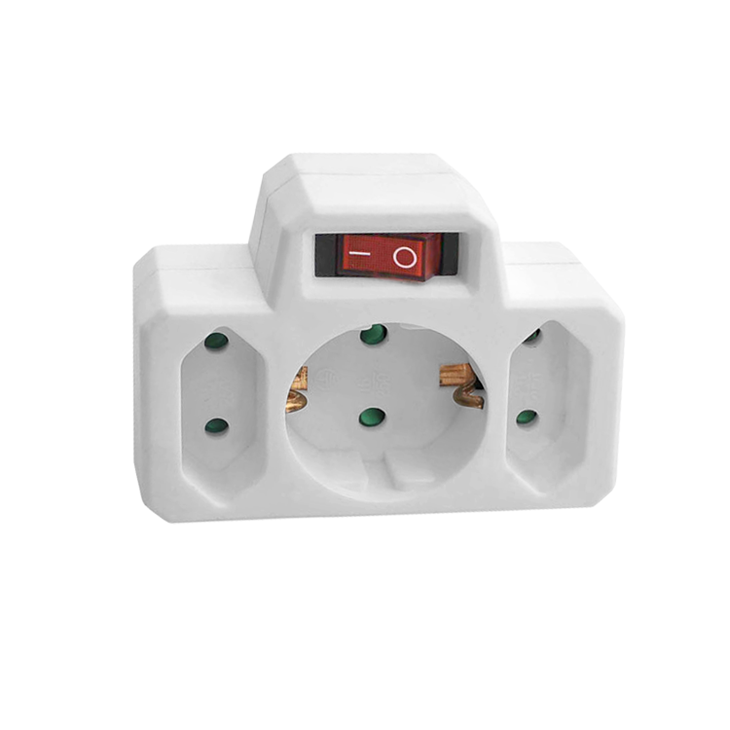 OR-AE-13191(GS)--Potrójny rozgałęźnik z wyłącznikiem głównym i jednym gniazdem typu F (Schuko) oraz dwoma płaskimi gniazdami typu euro. Występuje w kolorze białym.