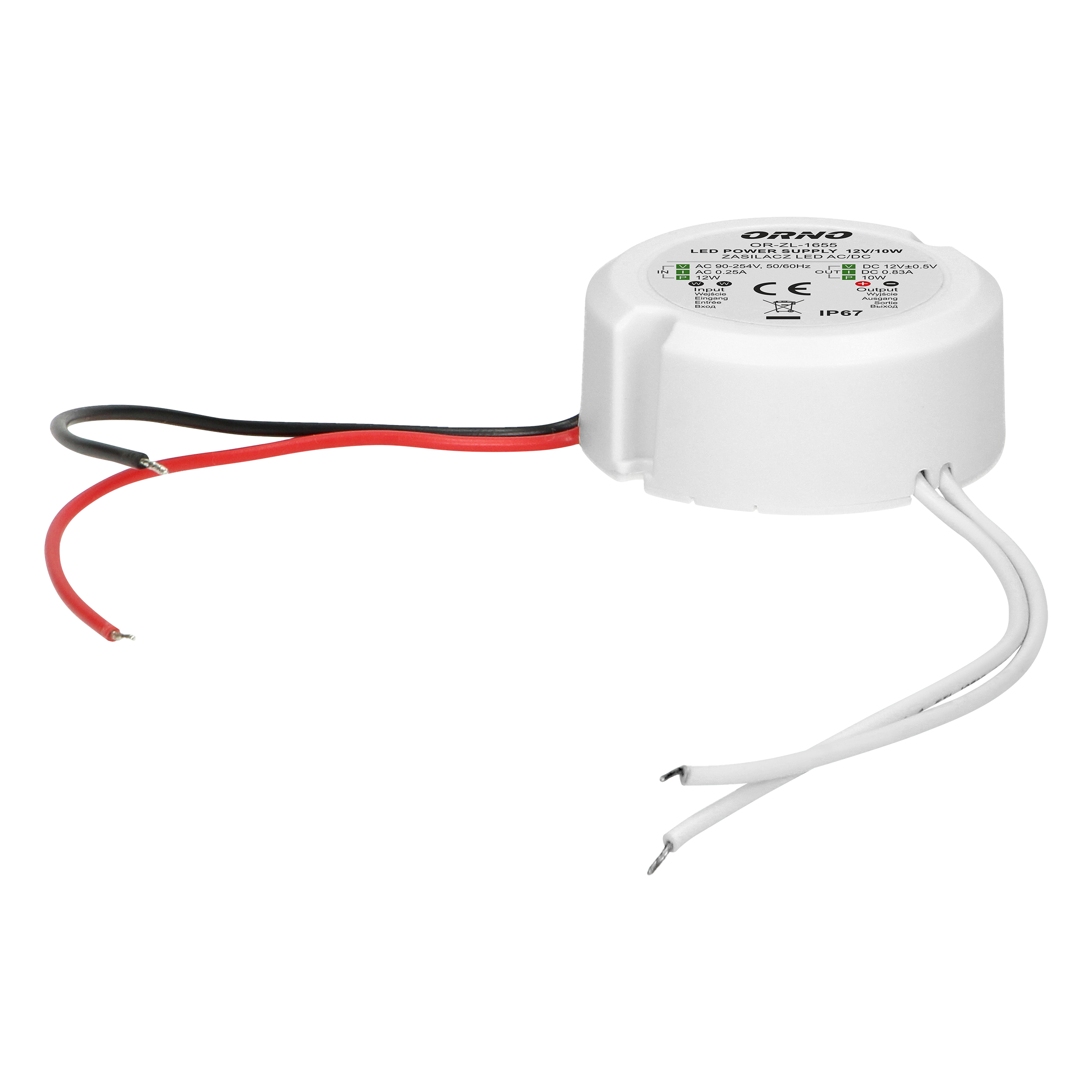 OR-ZL-1655--Małogabarytowy zasilacz przeznaczony do systemów oświetleniowych LED, m.in. pojedynczych diod, listew, taśm LED, żarówek, modułów, lub węży. Charakteryzuje się wodoodporną (IP67), szczelną obudową z tworzywa, co umożliwia stosowanie w warunkach o pod