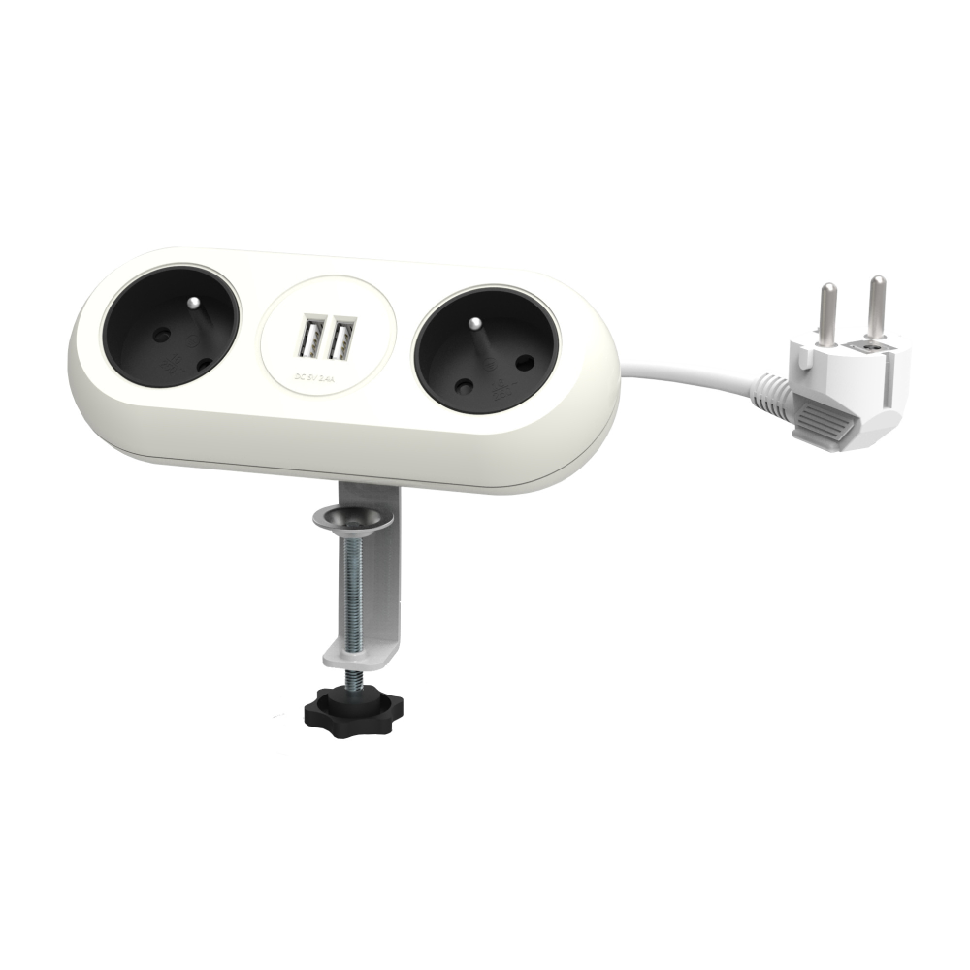 OR-AE-13133/W--Przedłużacz biurkowy z ładowarką do wszelkiego rodzaju urządzeń mobilnych ładowanych przez port USB np. tablety, smartfony. Urządzenie posiada dwa gniazda sieciowe z uziemieniem i przesłonami torów prądowych, dwa porty ładowarki USB, elastyczny przew