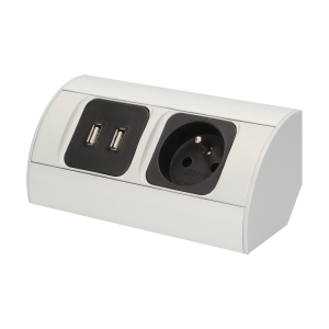 OR-AE-1310(GS)--Gniazdo sieciowe z uziemieniem i przesłonami torów prądowych, połączone z ładowarką USB , idealne do montażu w szafkach, gablotach i witrynach.