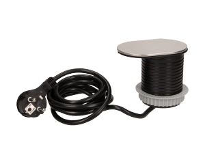 OR-AE-13124--Gniazdo sieciowe z uziemieniem i przesłonami torów prądowych, połączone z ładowarką USB w obudowie chowanej w blat. Urządzenie przeznaczone do montażu w biurkach, blatach i stołach. Posiada dodatkową przesuwaną pokrywkę chroniącą gniazdo sieciowe prz