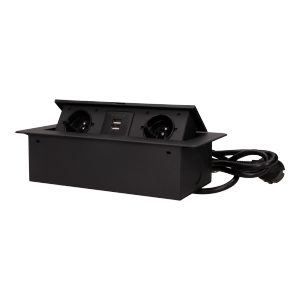 OR-AE-13126/B--Zestaw dwóch gniazd sieciowych z uziemieniem i przesłonami torów prądowych, połączonych z ładowarką USB w obudowie chowanej w blat. Urządzenie przeznaczone jest do montażu w biurkach, blatach i stołach, może być zamontowane zarówno w pozycji pionowej