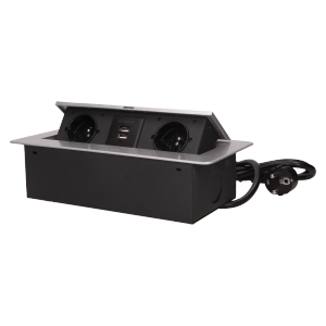 OR-AE-13126/G--Zestaw dwóch gniazd sieciowych z uziemieniem i przesłonami torów prądowych, połączonych z ładowarką USB w obudowie chowanej w blat. Urządzenie przeznaczone jest do montażu w biurkach, blatach i stołach, może być zamontowane zarówno w pozycji pionowej