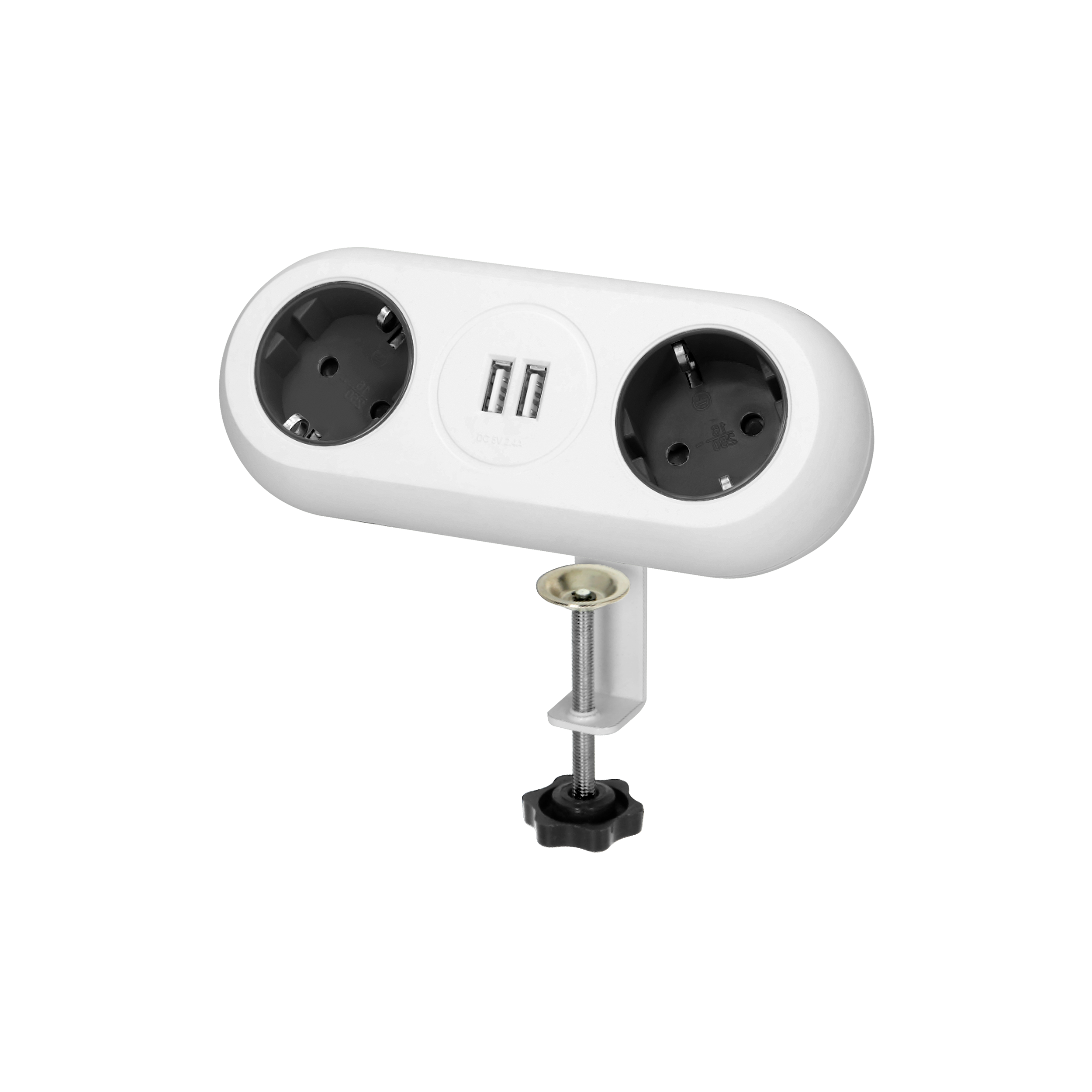 OR-AE-13133(GS)/W--Przedłużacz biurkowy z ładowarką do wszelkiego rodzaju urządzeń mobilnych ładowanych przez port USB np. tablety, smartfony. Urządzenie posiada dwa gniazda sieciowe z uziemieniem i przesłonami torów prądowych, dwa porty ładowarki USB, elastyczny przew