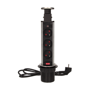 OR-AE-1348--Zestaw trzech gniazd sieciowych z uziemieniem i przesłonami torów prądowych w obudowie chowanej w blat. Urządzenie przeznaczone do montażu w stołach konferencyjnych, blatach mebli biurowych i kuchennych. Posiada wysuwany panel z gniazdami, dodatkową 