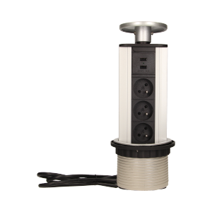 OR-AE-1353--Zestaw trzech gniazd sieciowych z uziemieniem i przesłonami torów prądowych, połączonych z ładowarką USB w obudowie chowanej w blat. Urządzenie przeznaczone do montażu w stołach konferencyjnych, blatach mebli biurowych i kuchennych. Posiada wysuwany 