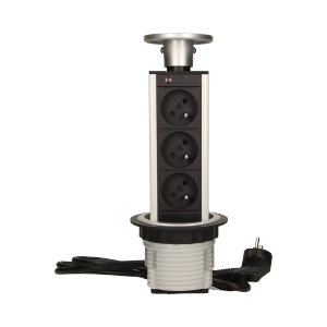 OR-AE-1355--Zestaw trzech gniazd sieciowych z uziemieniem i przesłonami torów prądowych w obudowie chowanej w blat. Urządzenie przeznaczone do montażu w stołach konferencyjnych, blatach mebli biurowych i kuchennych. Posiada wysuwany panel z gniazdami oraz przewó