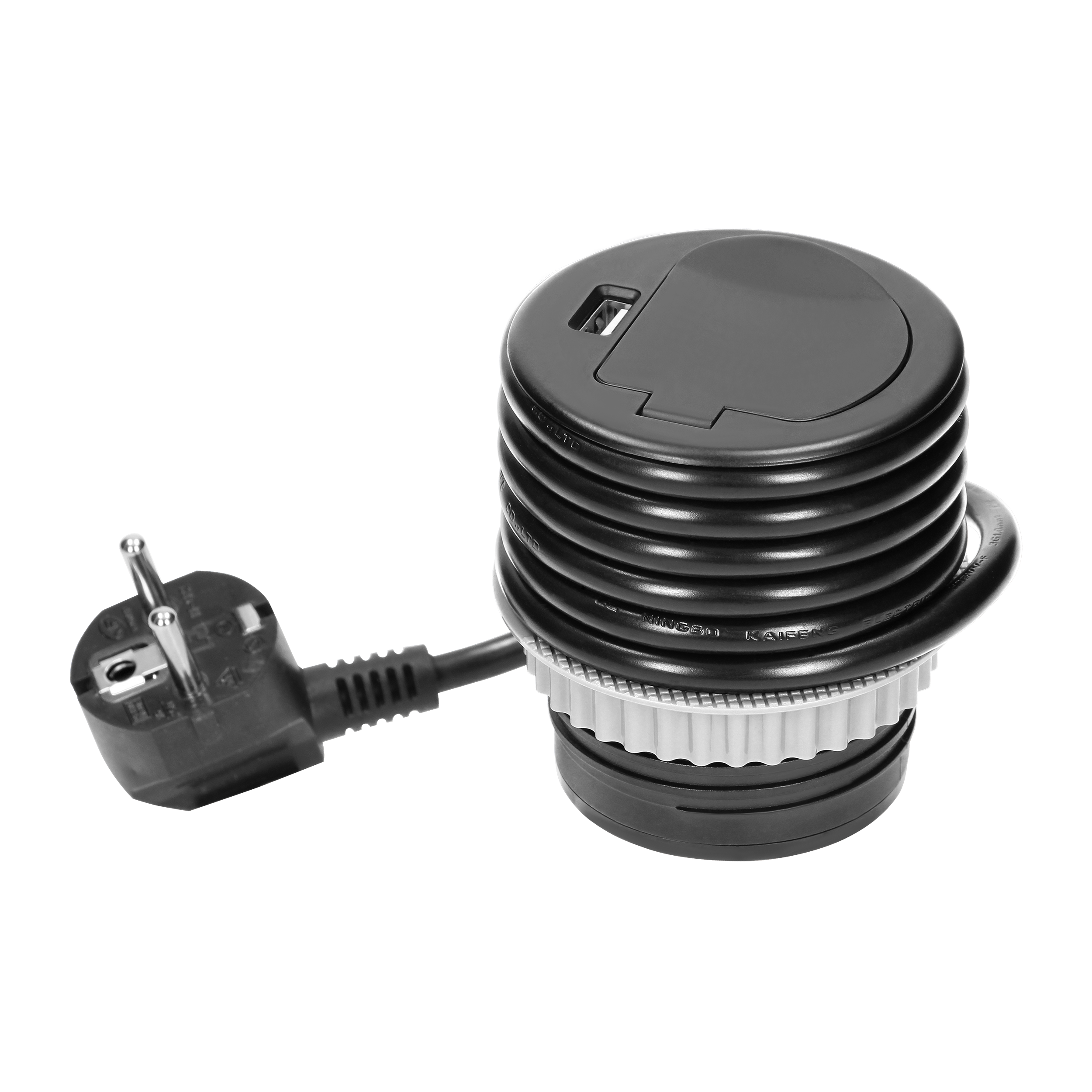 OR-AE-1373/B--Gniazdo sieciowe z uziemieniem i przesłonami torów prądowych, połączone z ładowarką USB w obudowie chowanej w blat. Urządzenie przeznaczone do montażu w biurkach, blatach, stołach i narożnikach. Posiada dodatkową pokrywkę chroniącą gniazdo sieciowe p