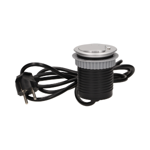 OR-AE-1373--Gniazdo sieciowe z uziemieniem i przesłonami torów prądowych, połączone z ładowarką USB w obudowie chowanej w blat. Urządzenie przeznaczone do montażu w biurkach, blatach, stołach i narożnikach. Posiada dodatkową pokrywkę chroniącą gniazdo sieciowe p