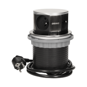 OR-AE-1380--Zestaw czterech gniazd sieciowych z uziemieniem i przesłonami torów prądowych w obudowie chowanej w blat. Urządzenie przeznaczone do montażu w stołach konferencyjnych, blatach mebli biurowych i kuchennych, hotelach. Precyzyjny mechanizm automatycznie