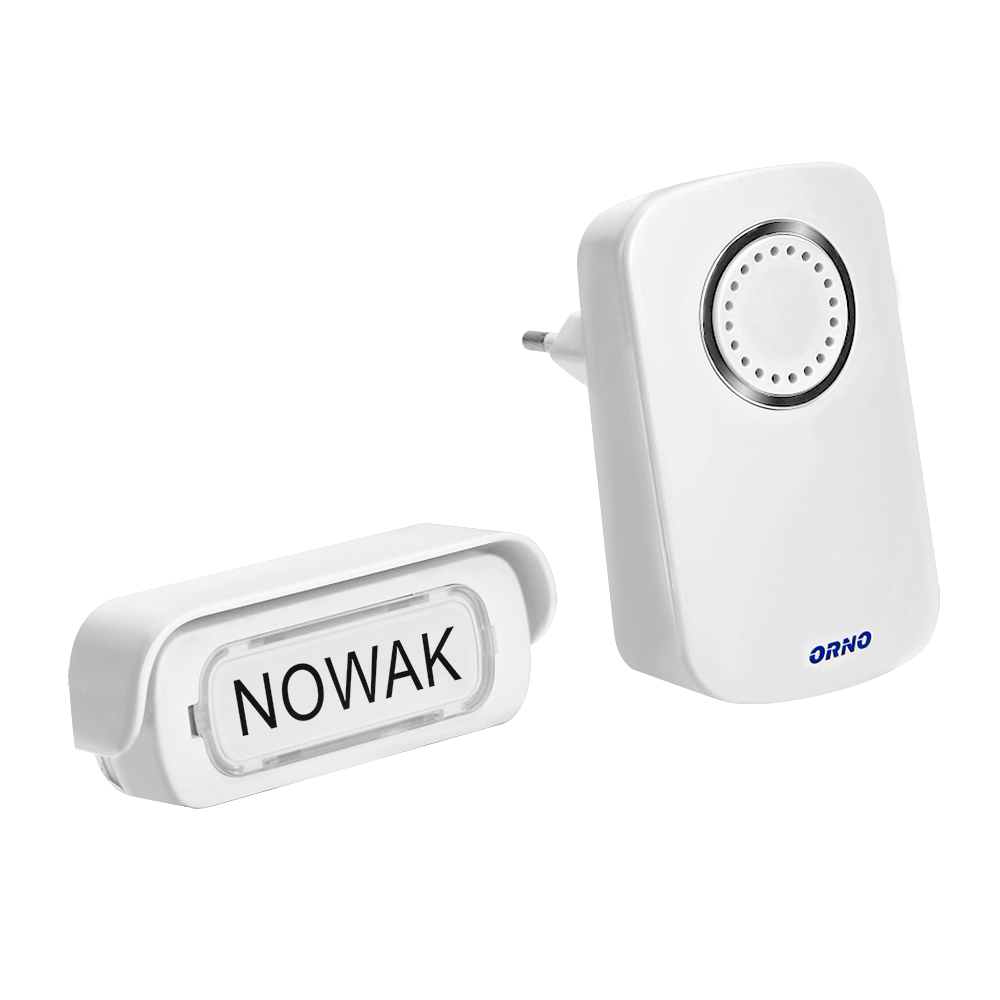 OR-DB-AX-151--Dzwonek bezprzewodowy, zasięg w terenie otwartym do 100 m, wodoodporny przycisk, transmisja radiowa (częstotliwość 433MHz), 4 stopniowa regulacja głośności dzwonka, poziom dźwięku 50-80 dB, 32 dźwięki dzwonka do wyboru, liczbę odbiorników oraz przyci