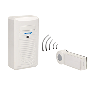 OR-DB-KH-123--Dzwonek bezprzewodowy, zasięg w terenie otwartym do 100 m, wodoodporny przycisk, transmisja radiowa (częstotliwość 433MHz), poziom dźwięku ok. 80 dB, liczbę przycisków współpracujących ze sobą można zwiększać w miarę potrzeb, learning system (automat