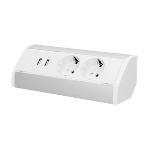 OR-GM-9003/W-G(GS)--Zestaw dwóch gniazd sieciowych z uziemieniem i przesłonami torów prądowych, połączonych z ładowarką USB, idealny do montażu w kuchni i biurze, na powierzchniach płaskich i w narożnikach.