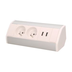 OR-GM-9003/W-G--Zestaw dwóch gniazd sieciowych z uziemieniem i przesłonami torów prądowych, połączonych z ładowarką USB, idealny do montażu w kuchni i biurze, na powierzchniach płaskich i w narożnikach.