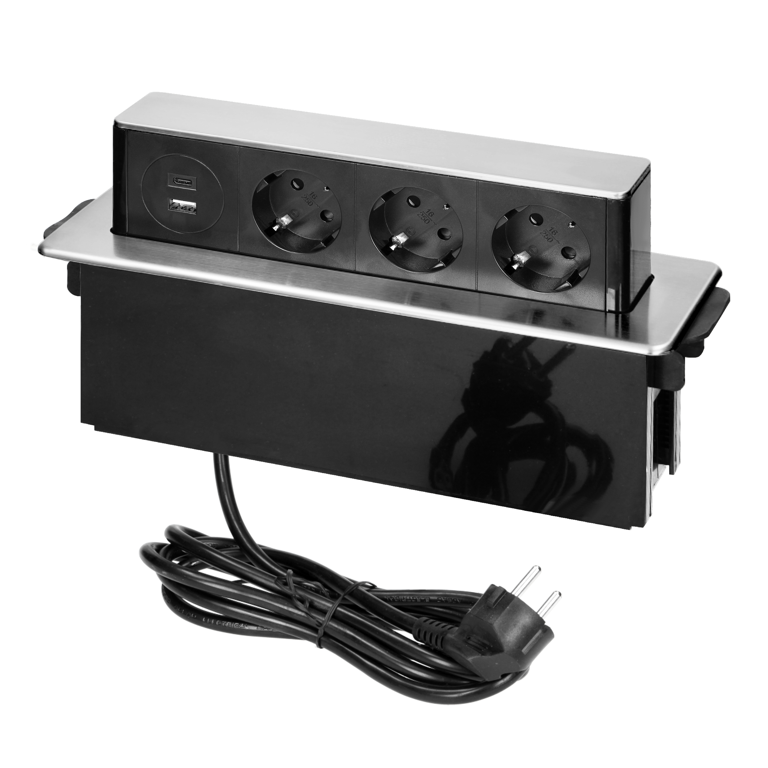 OR-GM-9014(GS)/B-G--Elegancka obudowa z panelem ze stali nierdzewnej INOX, zawierająca zestaw trzech uziemionych gniazd sieciowych typu F oraz 2 wejść USB. Nadaje się do montażu w stołach konferencyjnych, blatach mebli biurowych i kuchennych. Obudowa jest schowana w bla