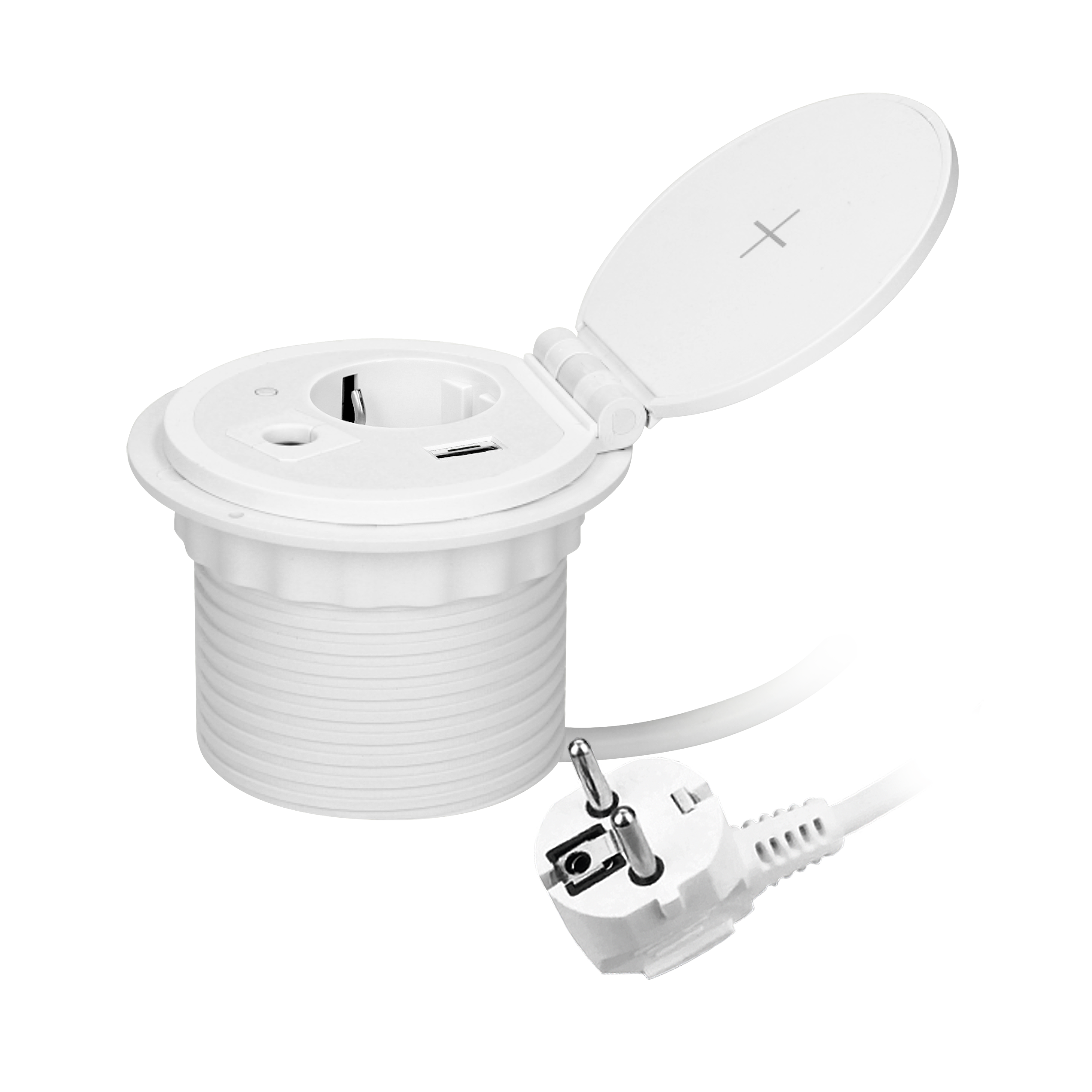 OR-GM-9015(GS)/W--Kompaktowe gniazdo meblowe wpuszczane w blat, które można zastosować w każdym biurku. Posiada 1 gniazdo elektryczne 1x2P+Z (Schuko), ładowarkę indukcyjną, szybką ładowarkę USB z dwoma gniazdami A i C oraz dodatkowy moduł wymienny, który w prosty spos
