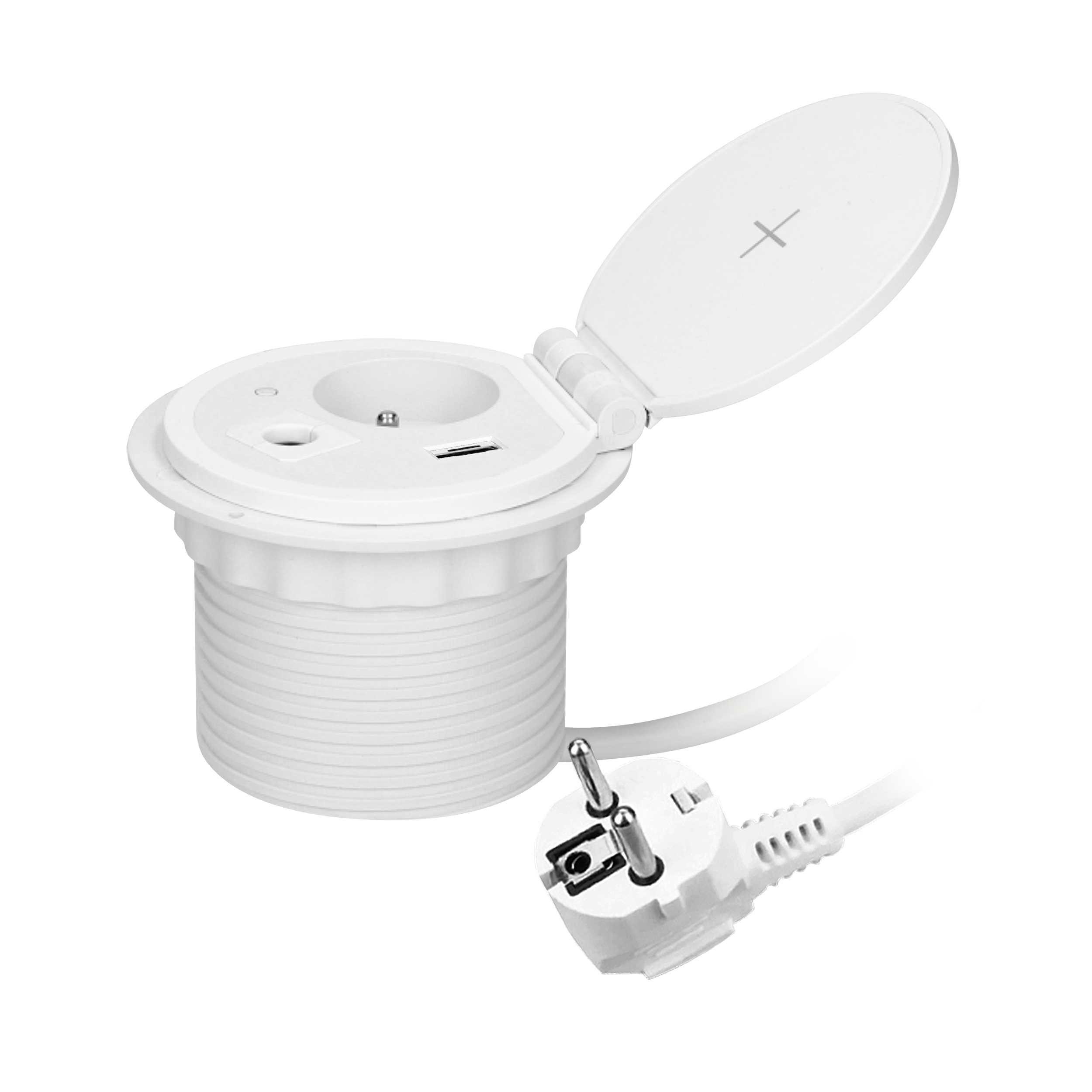 OR-GM-9015/W--Kompaktowe gniazdo meblowe wpuszczane w blat, które można zastosować w każdym biurku. Posiada 1 gniazdo elektryczne 1x2P+Z, ładowarkę indukcyjną, szybką ładowarkę USB z dwoma gniazdami A i C oraz dodatkowy moduł wymienny, który w prosty sposób możesz
