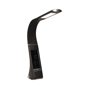 OR-LB-1533/B--Lampka biurkowa LED z elastycznym, regulowanym ramieniem, które umożliwia wygodną regulację kierunku świecenia. Wyświetlacz LCD posiada wbudowany zegar z budzikiem, 8 dźwięków alarmu, kalendarz i termometr. Dotykowy przycisk sterujący oraz funkcja śc