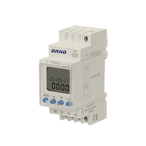 OR-PRE-433--Elektroniczny programator czasowy z wyświetlaczem LCD przystosowany do montażu na standardowej szynie DIN TH-35 mm. Służy do ustawienia czasu włączania i wyłączania urządzeń elektrycznych takich jak: ogrzewacze wody, oświetlenie, silniki, pompy itp. 