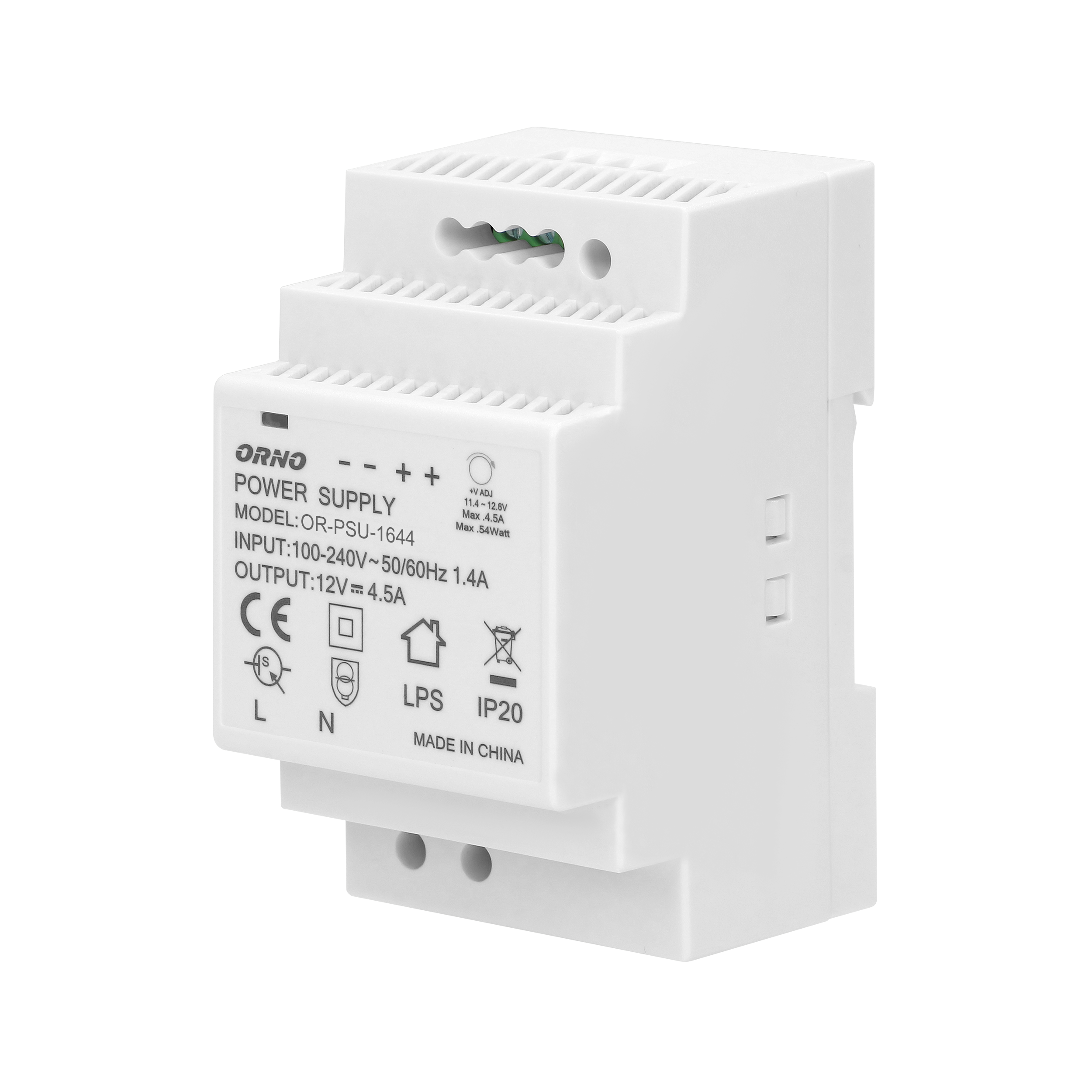 OR-PSU-1644--Wysokowydajny, charakteryzujący się stabilną pracą zasilacz o mocy 54W i napięciu wyjściowym 12V DC, istnieje możliwość regulacji napięcia wyjściowego. Zasilacz został zaprojektowany do montażu na szynę DIN i ma szerokie możliwości zastosowania, np. 