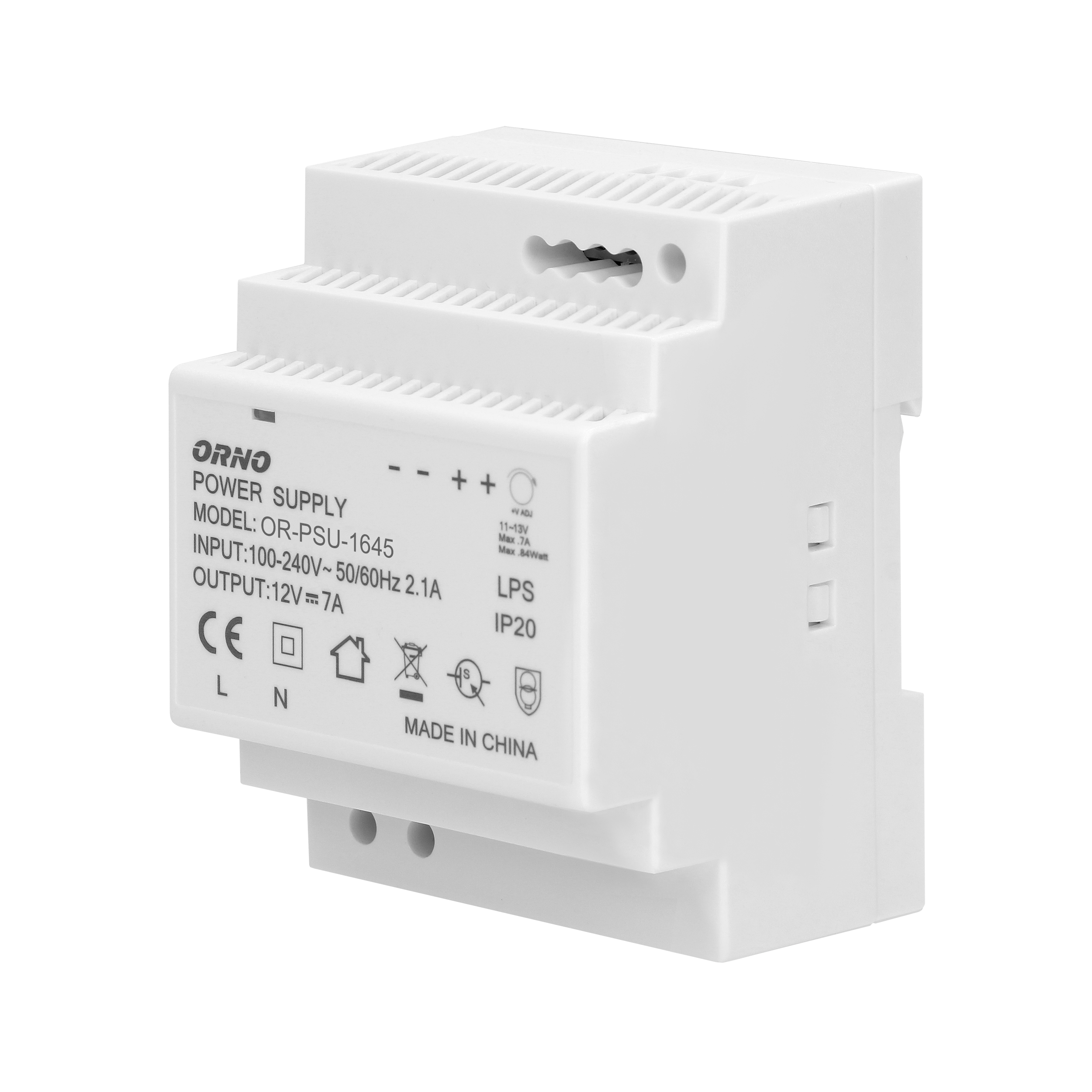 OR-PSU-1645--Wysokowydajny, charakteryzujący się stabilną pracą zasilacz o mocy 84W i napięciu wyjściowym 12V DC, istnieje możliwość regulacji napięcia wyjściowego. Zasilacz został zaprojektowany do montażu na szynę DIN i ma szerokie możliwości zastosowania, np. 