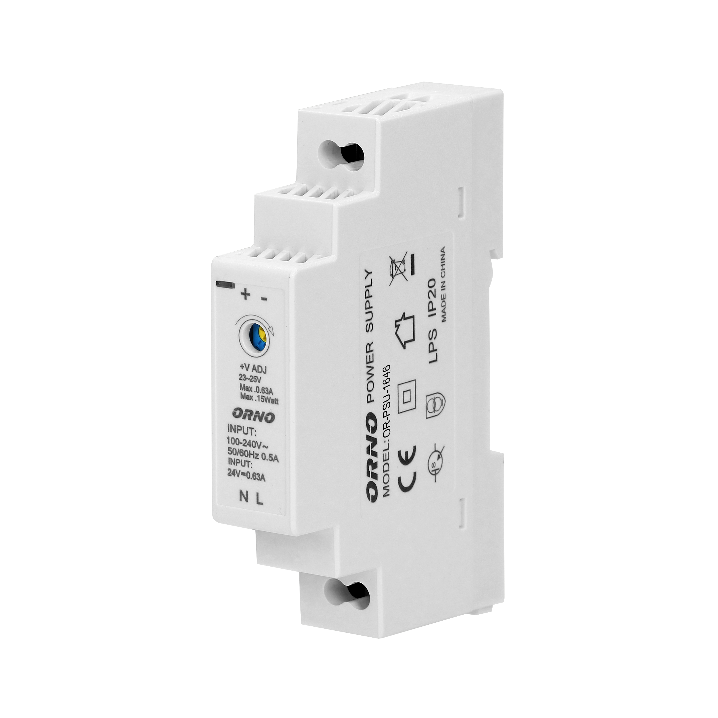 OR-PSU-1646--Wysokowydajny, charakteryzujący się stabilną pracą zasilacz o mocy 15W i napięciu wyjściowym 24V DC, istnieje możliwość regulacji napięcia wyjściowego. Zasilacz został zaprojektowany do montażu na szynę DIN i ma szerokie możliwości zastosowania, np. 