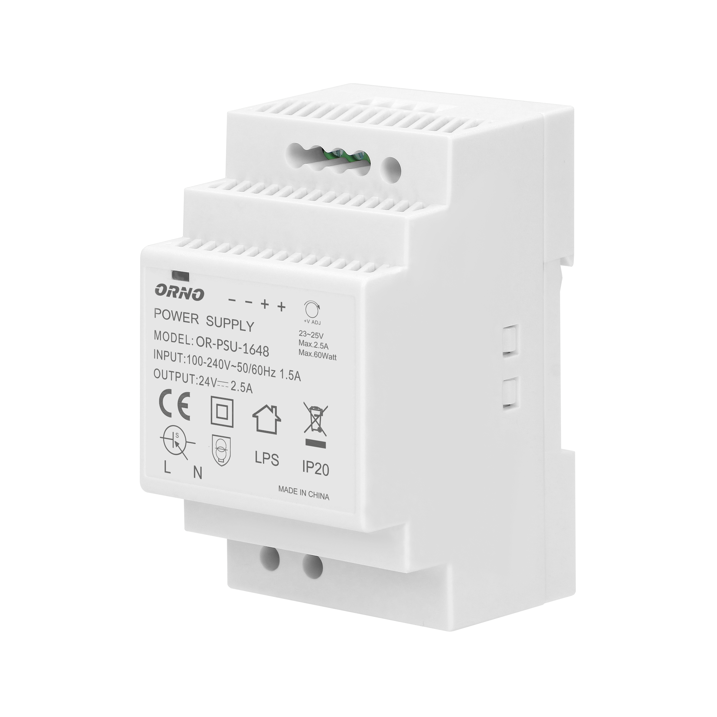 OR-PSU-1648--Wysokowydajny, charakteryzujący się stabilną pracą zasilacz o mocy 60W i napięciu wyjściowym 24V DC, istnieje możliwość regulacji napięcia wyjściowego. Zasilacz został zaprojektowany do montażu na szynę DIN i ma szerokie możliwości zastosowania, np. 