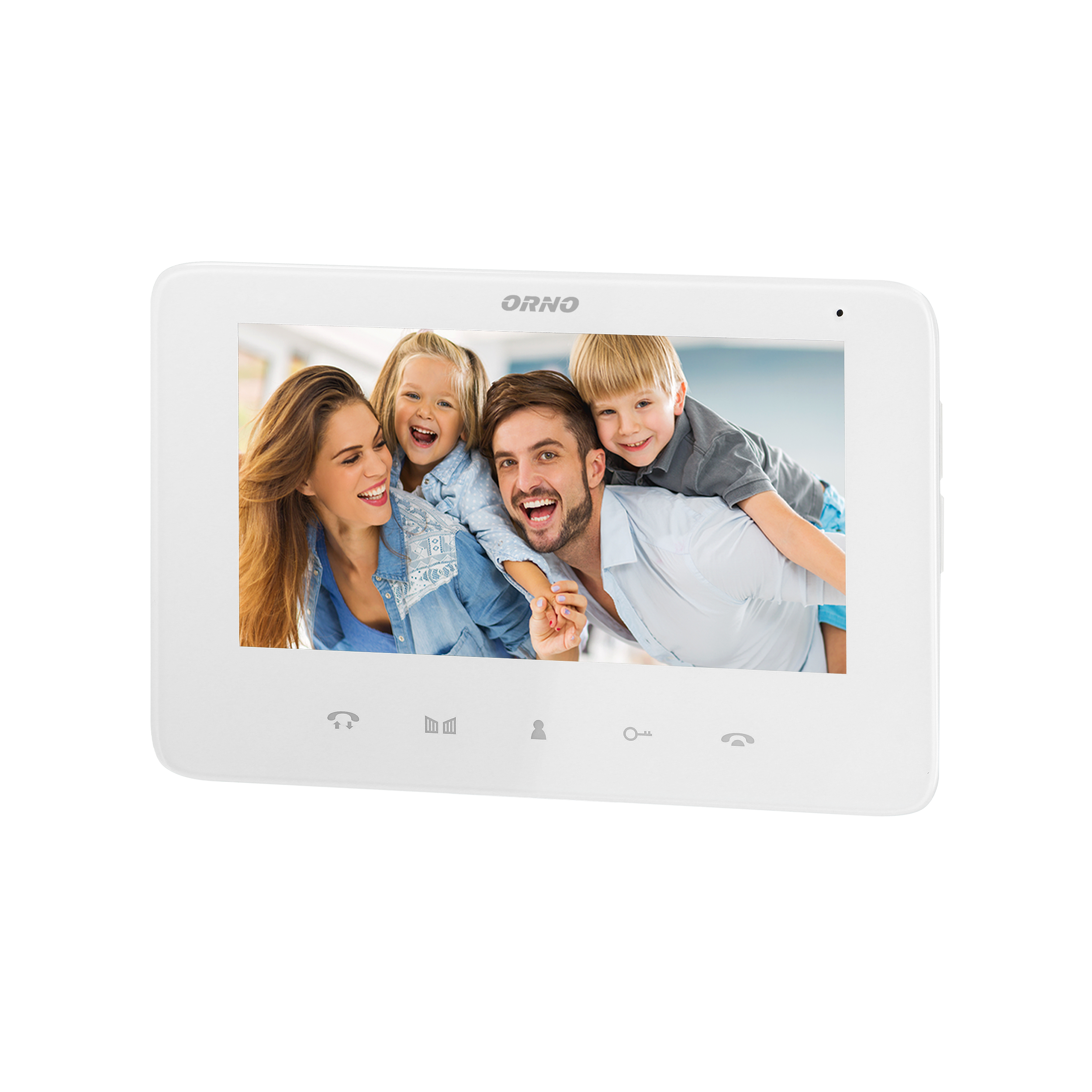 OR-VID-VP-1069MV/W--Wideo monitor do rozbudowy zestawów wideodomofonowych z serii INDI i SCUTI, kolorowy, ultra płaski, bezsłuchawkowy, LCD 7", dotykowy panel monitora z podświetlanymi przyciskami, funkcja interkomu, regulacja parametrów monitora (jasności i koloru