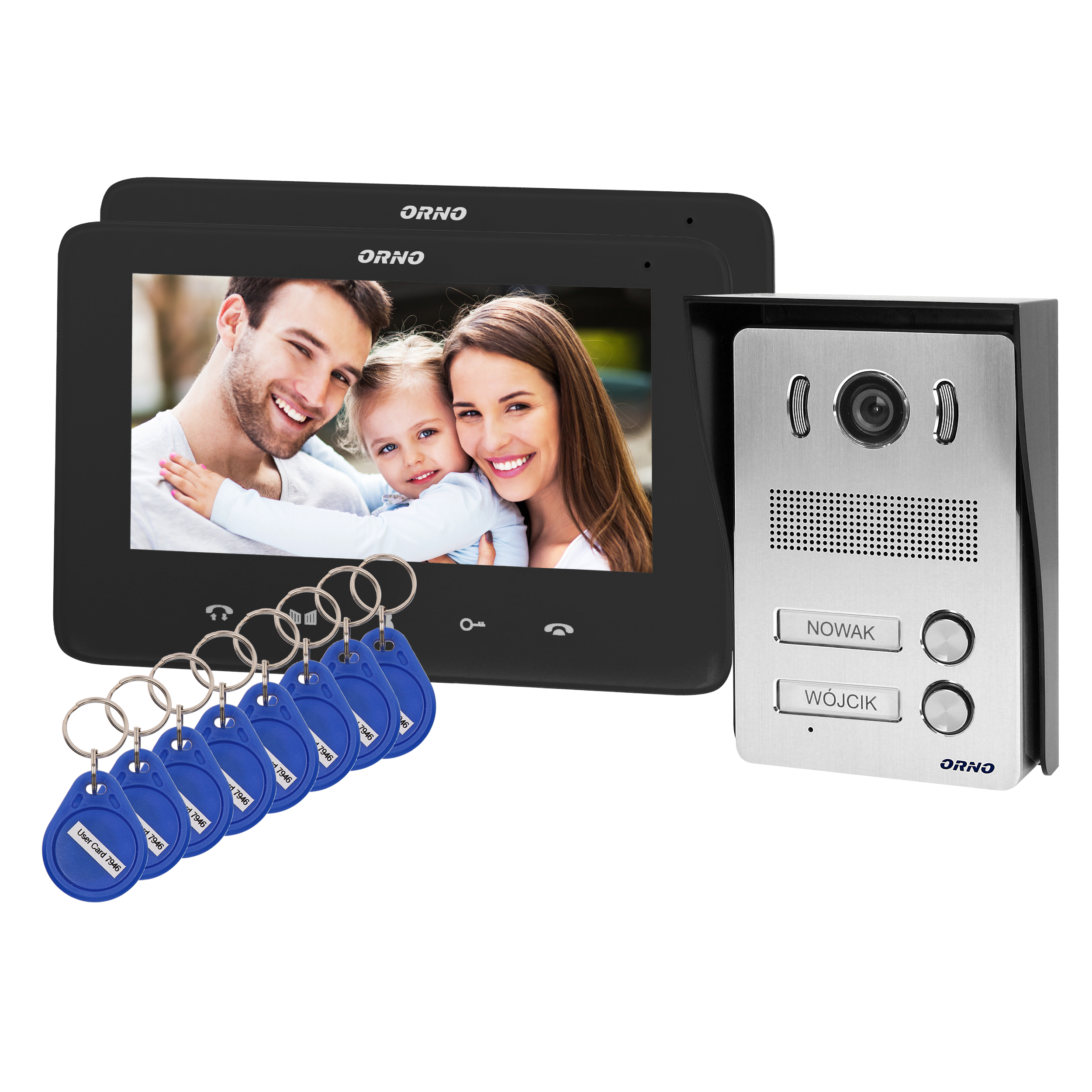 OR-VID-VP-1071/B--Zestaw wideodomofonowy kolorowy z ultra płaskim monitorem bezsłuchawkowym (LCD 7") oraz dotykowym panelem monitora, zawierającym podświetlane przyciski. Parametry monitora (jasność i kolor, głośność rozmowy i dzwonka) są regulowane, a do wyboru 