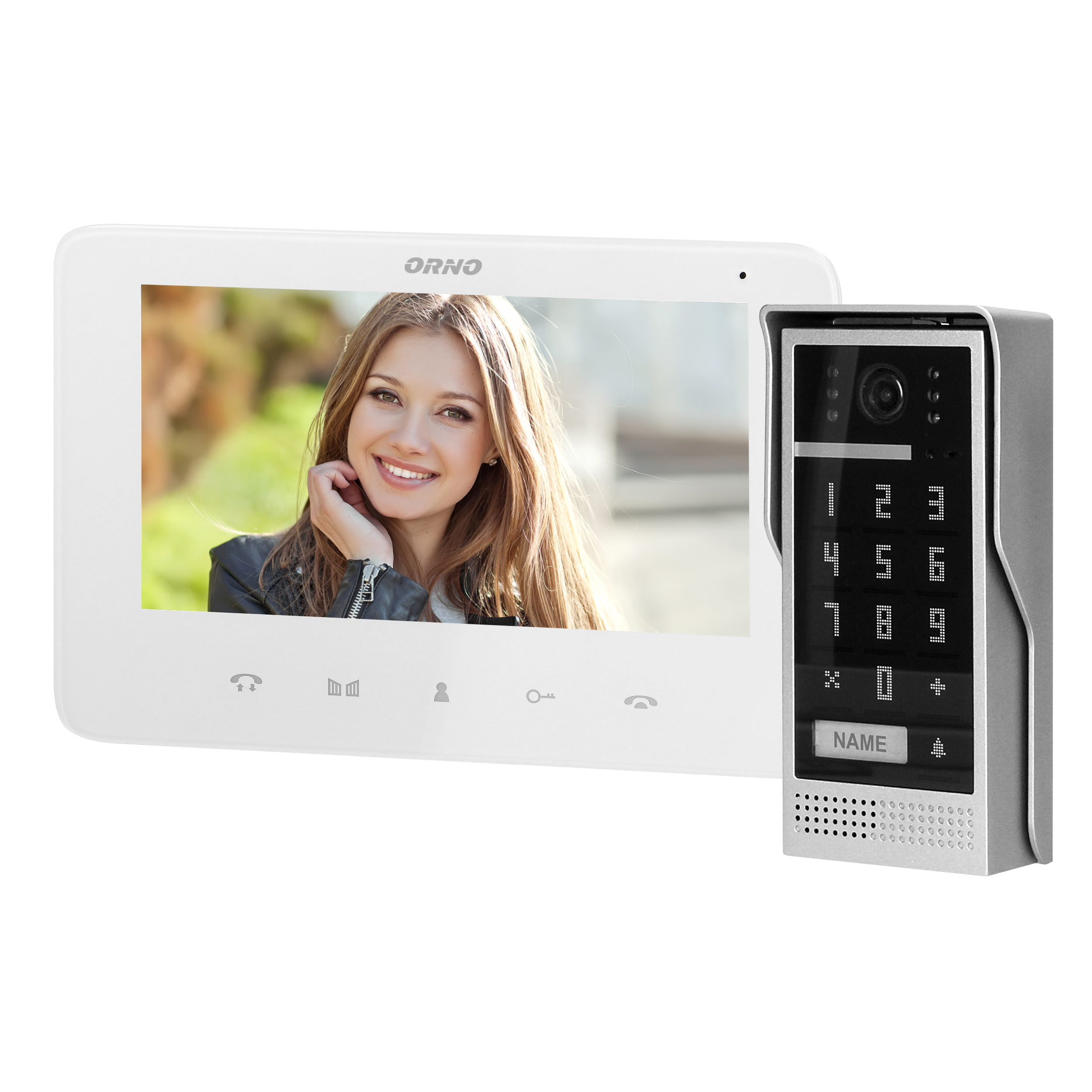 OR-VID-VP-1073/W--Zestaw wideodomofonowy kolorowy z ultra płaskim monitorem bezsłuchawkowym (LCD 7") oraz dotykowym panelem monitora, zawierającym podświetlane przyciski. Parametry monitora (jasność i kolor, głośność rozmowy i dzwonka) są regulowane, a do wyboru 