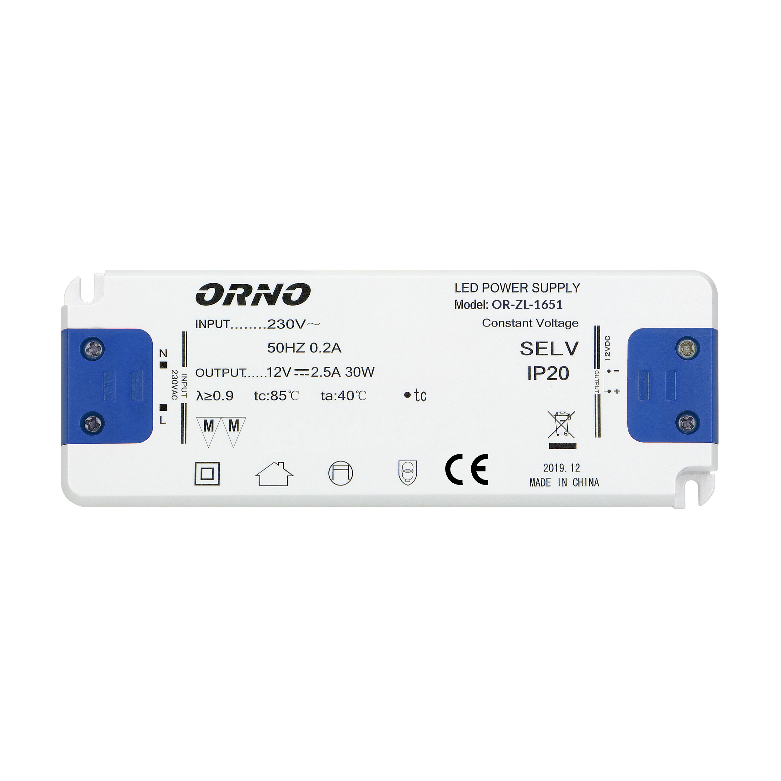 OR-ZL-1651--Zasilacz płaski o napięciu 12V DC i maksymalnym obciążeniu 30W. Służy do zasilania oświetlenia LED, w suchym otoczeniu. Obudowa wykonana została z tworzywa sztucznego. Zasilacz posiada wejściowe i wyjściowe zaciski przyłączeniowe. Sprzedawany jest be