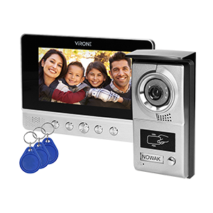VDP-40--Zestaw wideodomofonowy, kolorowy, ultra płaski monitor bezsłuchawkowy LCD 7", płynna regulacja parametrów monitora (głośności dzwonka i rozmowy oraz jasności i koloru obrazu), kamera CMOS, montaż natynkowy daszek ochronny w zestawie, miejsce na 