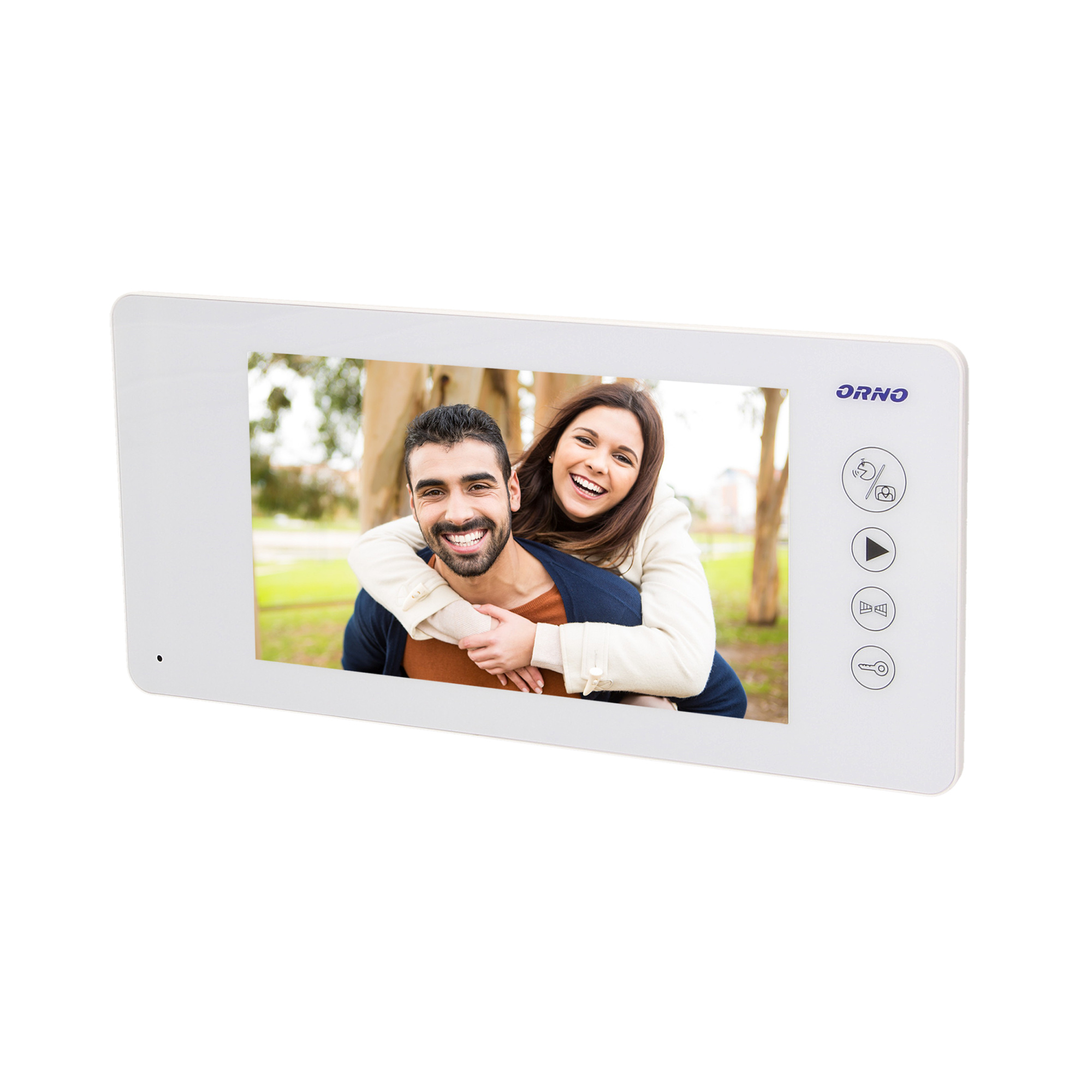 OR-VID-JS-1040PMV/W--Wideo monitor do rozbudowy zestawów wideodomofonowych EQUES, ARCUS MEMO oraz LIBER MEMO, obsługuje dwa wejścia (możliwość podłączenia 2 kamer wideodomofonowych), kolorowy, ultrapłaski, bezsłuchawkowy, LCD 7˝, dotykowy panel monitora z podświetlanymi 