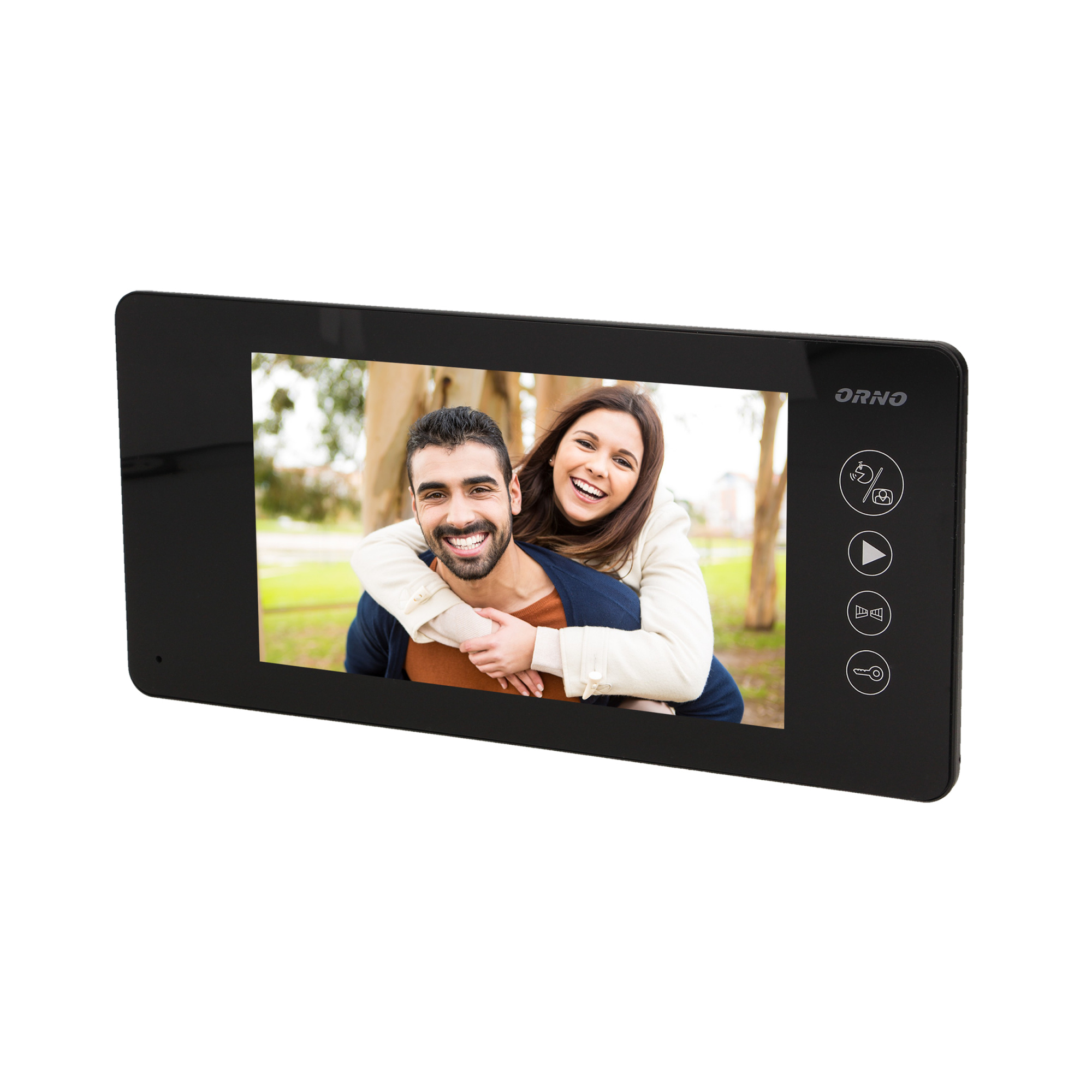 OR-VID-JS-1040PMV/B--Wideo monitor do rozbudowy zestawów wideodomofonowych EQUES, ARCUS MEMO oraz LIBER MEMO, obsługuje dwa wejścia (możliwość podłączenia 2 kamer wideodomofonowych), kolorowy, ultrapłaski, bezsłuchawkowy, LCD 7˝, dotykowy panel monitora z podświetlanymi 