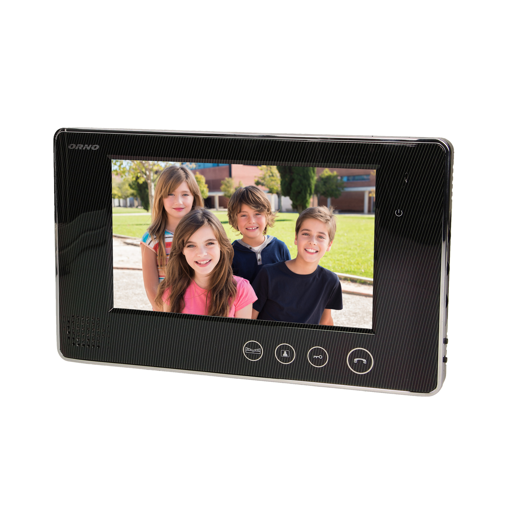 OR-VID-VP-1009MV/B--Wideo monitor do rozbudowy zestawów wideodomofonowych z serii ARX i CRUX, kolorowy, ultrapłaski, bezsłuchawkowy, LCD 7˝, dotykowy panel monitora z podświetlanymi przyciskami, regulacja parametrów monitora (jasności i koloru, głośności rozmowy i dzwon