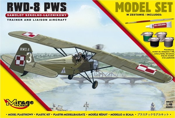 MI/848092--Model do sklejania wiernie odwzorowujący R.W.D.-8 (PWS) [Polski Samolot Szkolno-Łącznikowy].Zestaw zawiera: Plastikowy model do sklejania 1:48trzy farby akrylowe klejpędzelek