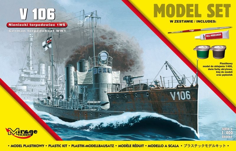 MI/840064--Model do sklejania wiernie odwzorowujący 'V106' (Niemiecki Okręt Torpedowy z I WŚ).Zestaw zawiera: Plastikowy model do sklejania 1:400dwie farby akrylowe klejpędzelek