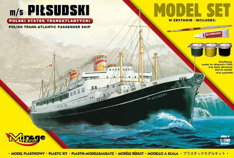 MI/850092--Model do sklejania wiernie odwzorowujący m/s PIŁSUDSKI [Polski Statek Transatlantycki].Zestaw zawiera: Plastikowy model do sklejania 1:500trzy farby akrylowe klejpędzelek