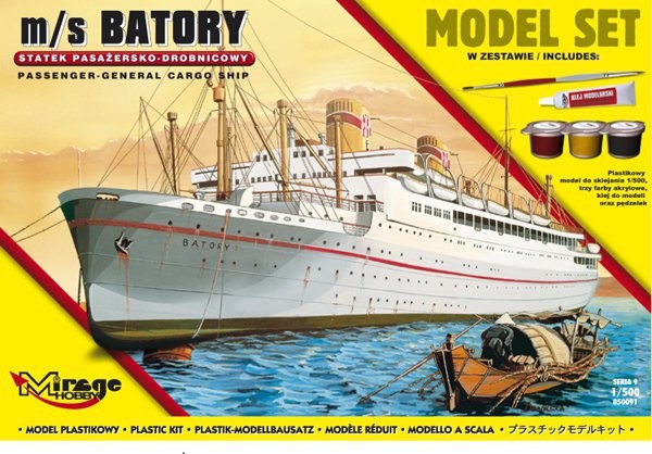 MI/850091--Model do sklejania wiernie odwzorowujący m/s BATORY [Polski Statek Pasażersko-Drobnicowy].Zestaw zawiera: Plastikowy model do sklejania 1:500trzy farby akrylowe klejpędzelek