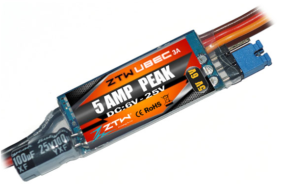 ZTW/UBEC03--Regulator napięcia odbiornika firmy ZTW 3A UBEC, służący do zasilania odbiornika i serwomechanizmów napięciem powyżej 4.8V.