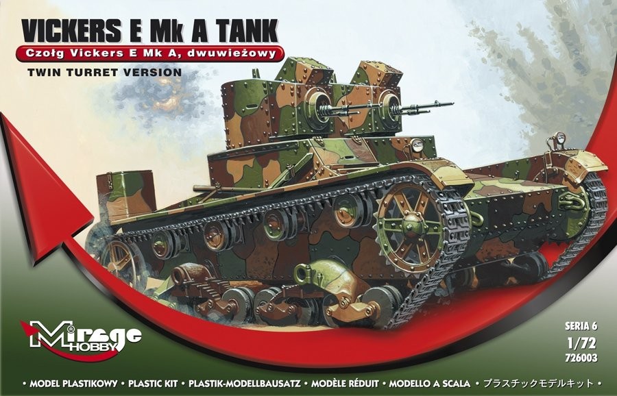 MI/726003--Model do sklejania wiernie odwzorowujący Vickers E Mk A (Polski Czołg Dwuwieżowy).Czołg lekki z okresu międzywojennego, produkowany przez brytyjską firmę Vickers na eksport do wielu krajów świata. Była to jedna z bardziej znaczących konstrukcji czołg