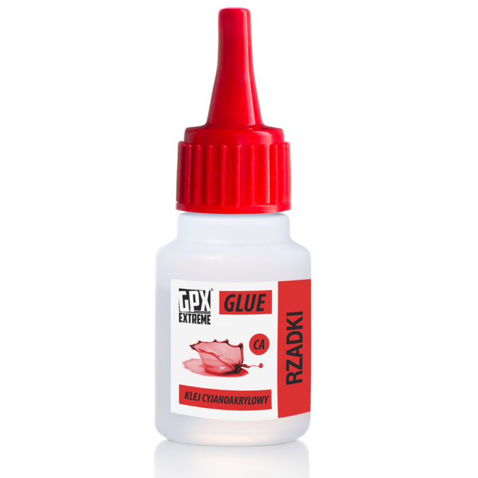 GPX/50220--Klej cyjanoakrylowy GPX Extreme o rzadkiej konsystencji, w kilkanaście sekund sklei metal, szkło, drewno, gumę, plastik (nieduże ilości), powierzchnie ceramiczne, EPP i inne materiały. Nie zaleca się do klejenia papieru, styropianu, depronu, lekkiej 