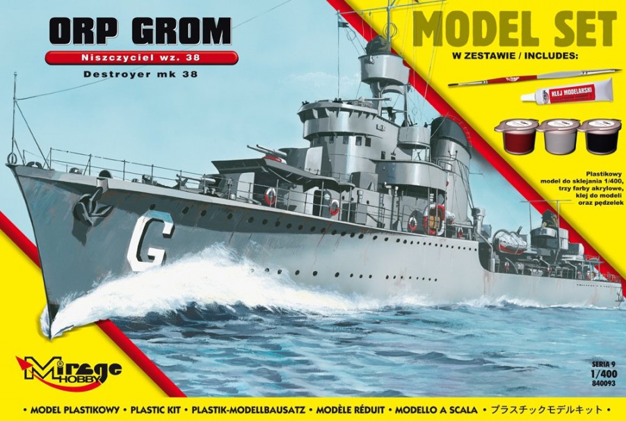 MI/840093--Model do sklejania wiernie odwzorowujący ORP 'GROM' wz.38 [Polski Niszczyciel II WŚ].Zestaw zawiera: Plastikowy model do sklejania 1:400trzy farby akrylowe klejpędzelek