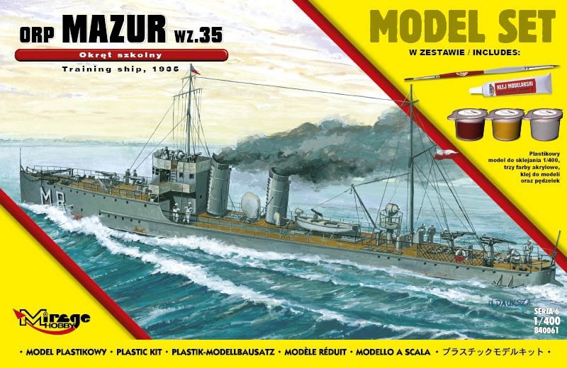 MI/840061--Model do sklejania wiernie odwzorowujący ORP 'MAZUR' 1935 (Polski Okręt Szkolny).Zestaw zawiera: Plastikowy model do sklejania 1:400trzy farby akrylowe klejpędzelek