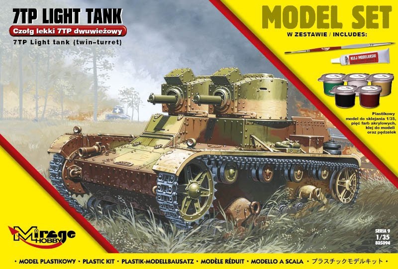MI/835094--Model do sklejania wiernie odwzorowujący 7TP Polski Lekki Czołg [DWUwieżowy].Zestaw zawiera: Plastikowy model do sklejania 1:35pięć farb akrylowych klejpędzelek