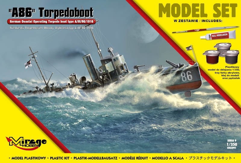 MI/845091--Model do sklejania wiernie odwzorowujący 'A86' Torpedoboot (Niemiecki Torpedowiec Obrony Wybrzeża typ A/III/56/1916).Zestaw zawiera: Plastikowy model do sklejania 1:350trzy farby akrylowe klejpędzelek