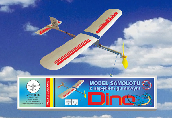 HM/30070--Bardzo prosty w montażu model DINO z napędem gumowym. Kadłub samolot zbudowany jest z balsy oraz sosny a skrzydła z wytrzymałej pianki. Dodatkowo w zestawie podwozie do modelu. Całość jest do samodzielnego montażu.