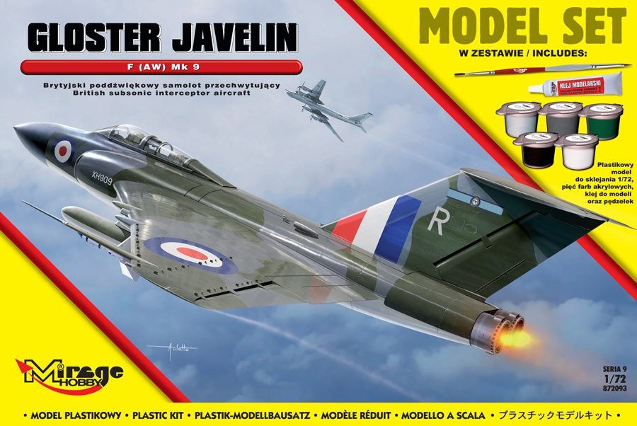 MI/872093--Model do sklejania wiernie odwzorowujący GLOSTER JAVELIN F (AW) Mk 9 [Brytyjski Poddźwiękowy Samolot Przechwytujący].Zestaw zawiera: Plastikowy model do sklejania 1:72pięć farb akrylowych klejpędzelek