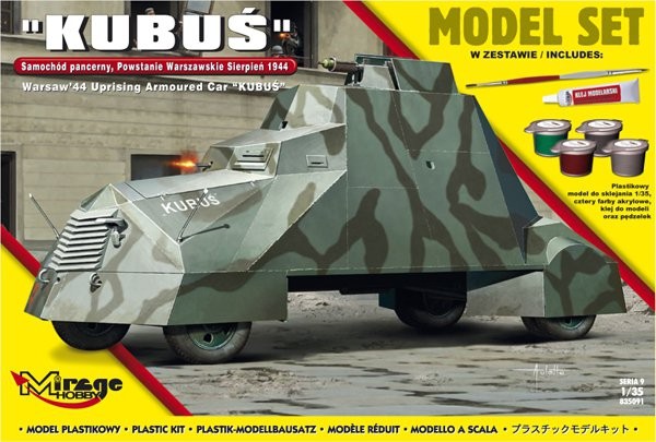 MI/835091--Model do sklejania wiernie odwzorowujący pojazd KUBUŚ Samochód pancerny - Powstanie Warszawskie Sierpień 1944.Zestaw zawiera: Plastikowy model do sklejania 1:35cztery farby akrylowe klejpędzelek