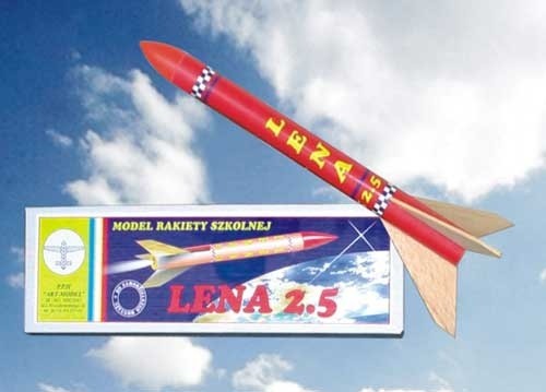 HM/10070--Rakieta LENA 2.5 ze spadochronem, to model z taśmą hamującą, wykonany z kartonu, balsy, papieru i plastiku. Odpowiednia dla początkujących modelarzy, jednak należy pamiętać nad odpowiednim nadzorem dzieci podczas odpalania rakiety. Przeznaczona do sa
